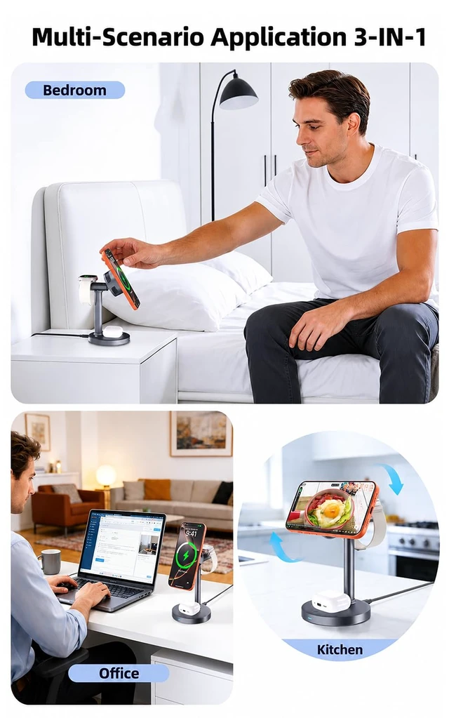 Alt view image 7 of 7 - Qi2.2 25W 3 in 1 Magnetic Wireless Charging Station with TEC Active Cooling | Wireless Charger Stand for iPhone17/16/15, Apple Watch & AirPods, Samsung Galaxy, Protect battery health, with 65W Adapter