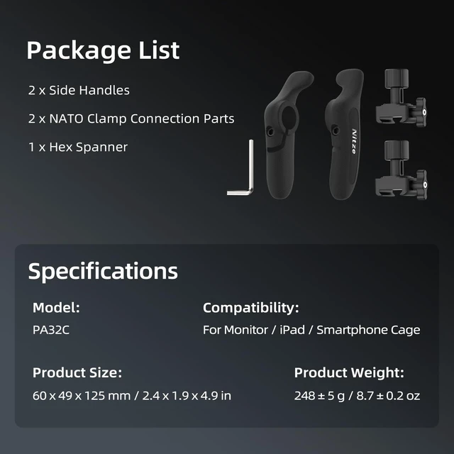 Alt view image 6 of 7 - Nitze Side Handle Kit with NATO Clamp - PA32C | 360° Adjustable, Left and Right Side Handles, For Smartphone / iPad / Monitor / Camera Cages
