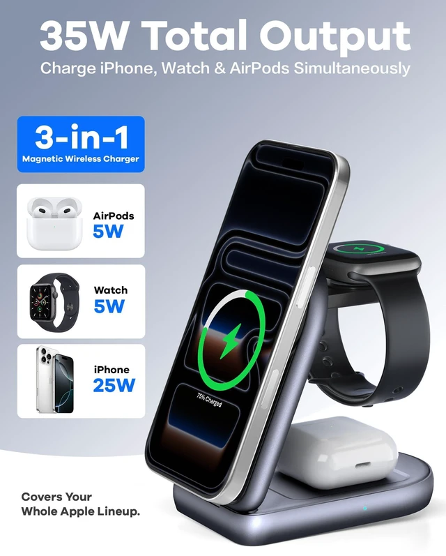 Alt view image 2 of 7 - SOLLPEL 25W 3-in-1 Wireless Charging Station, Foldable MagSafe Charger | Qi2.2 Magnetic,Fast Phone and Watch Charger for iPhone 18/17,Wireless Charger for Apple Watch,AirPods,+60W Adapter&240W Cable