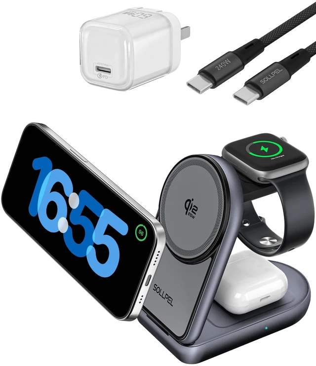 Main image of SOLLPEL 25W 3-in-1 Wireless Charging Station, Foldable MagSafe Charger | Qi2.2 Magnetic,Fast Phone and Watch Charger for iPhone 18/17,Wireless Charger for Apple Watch,AirPods,+60W Adapter&240W Cable