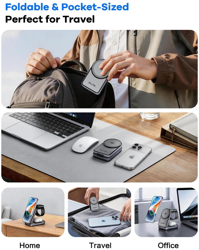 Alt view image 4 of 7 - SOLLPEL 25W 3-in-1 Wireless Charging Station, Foldable MagSafe Charger | Qi2.2 Magnetic,Fast Phone and Watch Charger for iPhone 18/17,Wireless Charger for Apple Watch,AirPods,+60W Adapter&240W Cable