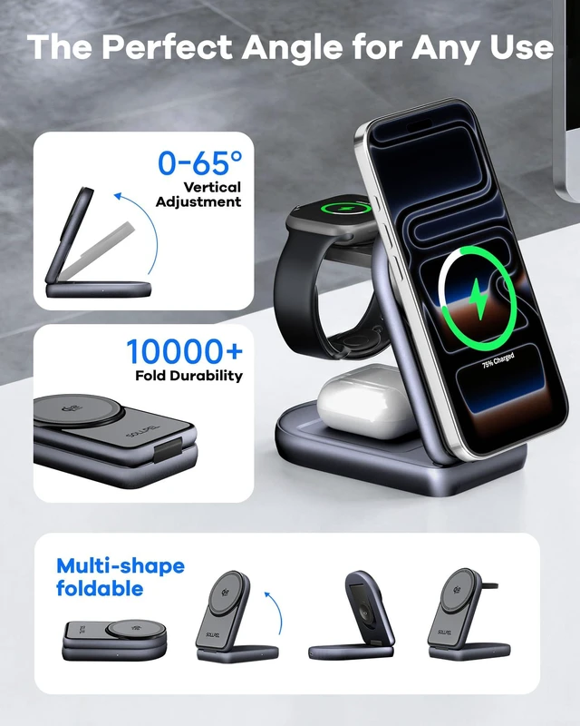 Alt view image 5 of 7 - SOLLPEL 25W 3-in-1 Wireless Charging Station, Foldable MagSafe Charger | Qi2.2 Magnetic,Fast Phone and Watch Charger for iPhone 18/17,Wireless Charger for Apple Watch,AirPods,+60W Adapter&240W Cable