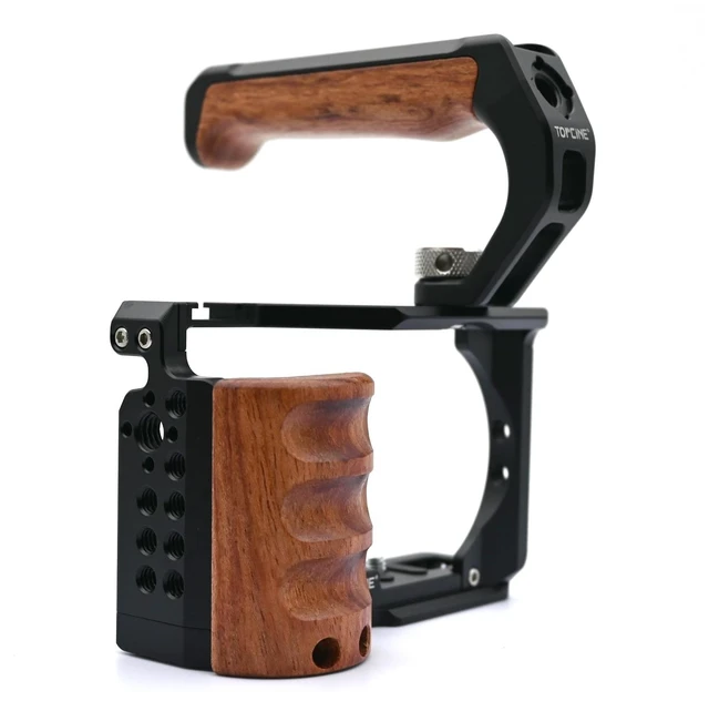 Alt view image 3 of 7 - Camera Cage Tophandle Wooden Handgrip with Arri Pin 3/8" &1/4" Cold Shoe | Can install to both 1/4" 3/8" Holes with Arri Pin, Cold Shoe on Top, Multiple 1/4" holes ,Tool-less mount, AntiTwist Design