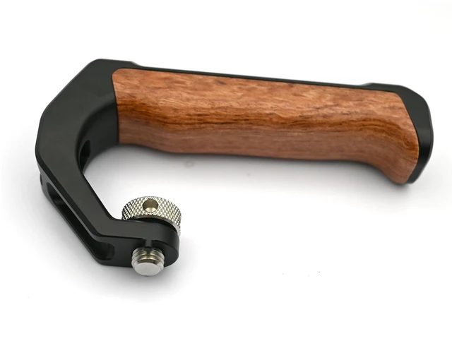 Alt view image 2 of 7 - Camera Cage Tophandle Wooden Handgrip with Arri Pin 3/8" &1/4" Cold Shoe | Can install to both 1/4" 3/8" Holes with Arri Pin, Cold Shoe on Top, Multiple 1/4" holes ,Tool-less mount, AntiTwist Design