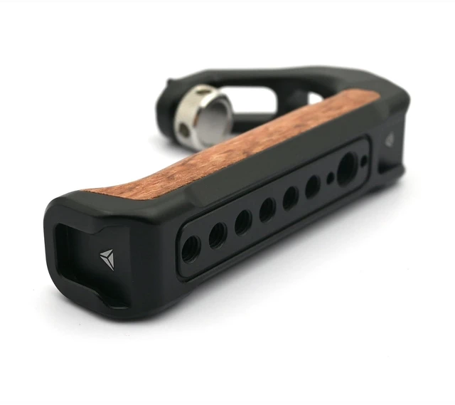 Alt view image 5 of 7 - Camera Cage Tophandle Wooden Handgrip with Arri Pin 3/8" &1/4" Cold Shoe | Can install to both 1/4" 3/8" Holes with Arri Pin, Cold Shoe on Top, Multiple 1/4" holes ,Tool-less mount, AntiTwist Design