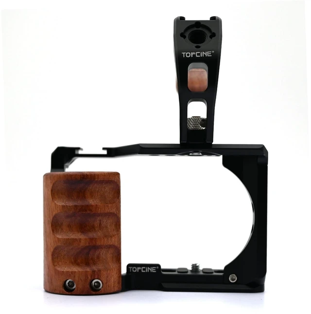Alt view image 4 of 7 - Camera Cage Tophandle Wooden Handgrip with Arri Pin 3/8" &1/4" Cold Shoe | Can install to both 1/4" 3/8" Holes with Arri Pin, Cold Shoe on Top, Multiple 1/4" holes ,Tool-less mount, AntiTwist Design