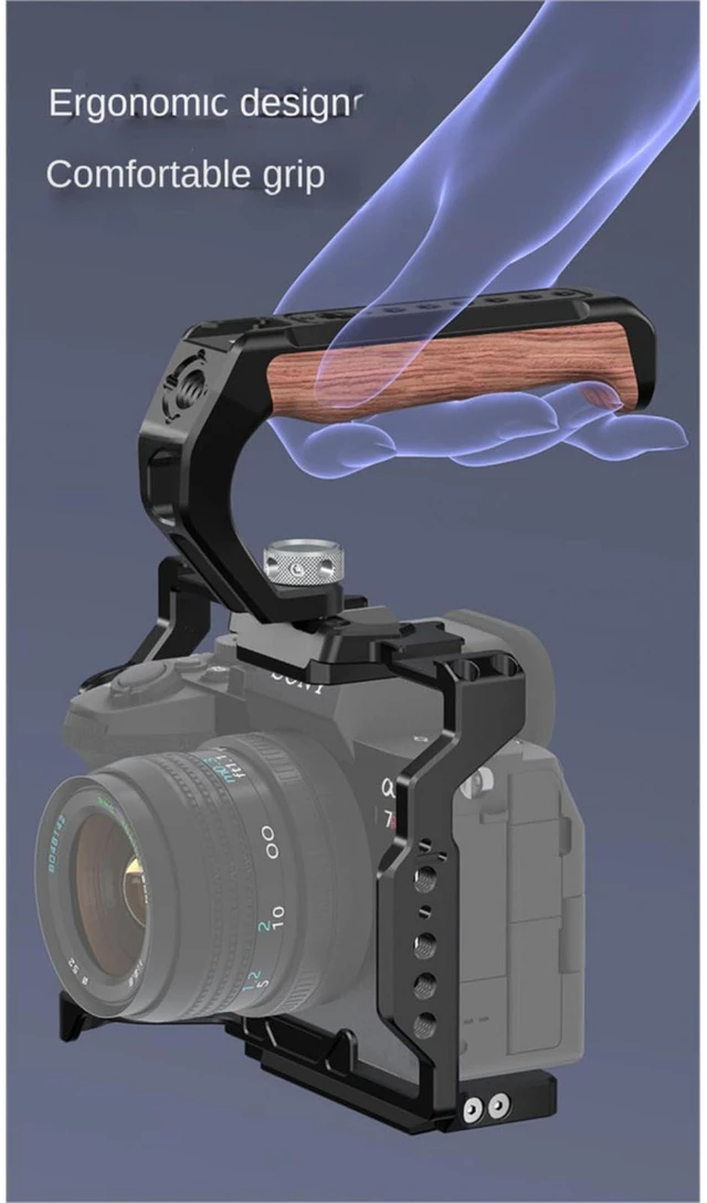 Alt view image 6 of 7 - Camera Cage Tophandle Wooden Handgrip with Arri Pin 3/8" &1/4" Cold Shoe | Can install to both 1/4" 3/8" Holes with Arri Pin, Cold Shoe on Top, Multiple 1/4" holes ,Tool-less mount, AntiTwist Design