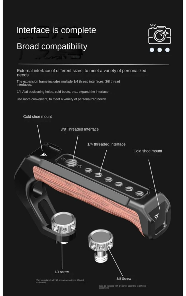 Alt view image 7 of 7 - Camera Cage Tophandle Wooden Handgrip with Arri Pin 3/8" &1/4" Cold Shoe | Can install to both 1/4" 3/8" Holes with Arri Pin, Cold Shoe on Top, Multiple 1/4" holes ,Tool-less mount, AntiTwist Design