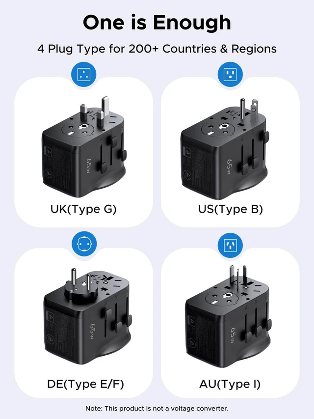Alt view image 2 of 7 - UGREEN 65W Max 4-Port Universal Travel Adapter Worldwide | International Power Adapter with 2 USB-C, 1 USB-A, 1 AC, 65W Fast Charging for 200+ Countries, Travel Essentials, Black