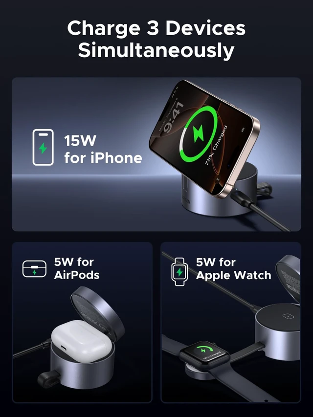 Alt view image 3 of 7 - UGREEN Qi2 15W 3-in-1 MagSafe-Compatible Foldable Wireless Charging Station | Compact & Adjustable Design,Charging Stand for iPhone 18-12 series, Apple Watch and AirPods, Include 45W Charger