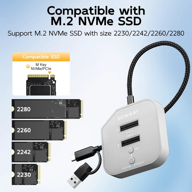 Alt view image 4 of 7 - SEINIKAY NVMe Cloner 20Gbps M.2 SSD Duplicator with C to C-A Cable, Offline Clone, Tool-Free Adapter Reader M.2 Docking Station, Progress LED & Fast Heat Dissipation