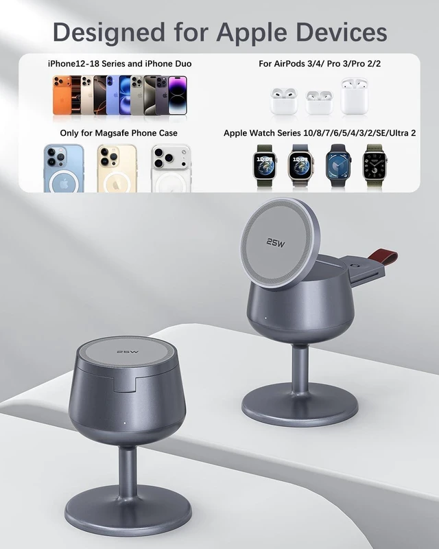 Alt view image 6 of 7 - 3-in-1 Magnetic Wireless Charging Station for Apple Devices, 25W Fast Charger Stand Compatible with MagSafe, Wireless Charger Dock for iPhone Duo/18/17/16/15/14 Pro Air Series, Apple Watch & AirPods