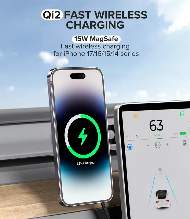 Alt view image 2 of 7 - ZIKE MagSafe Car Mount Charger, Qi2 Certified 15W Magnetic Charger | Tesla Model 3/Y, 360° adjustable Car Phone Holder, Wireless Charging Station for iPhone 17/16/15/14
