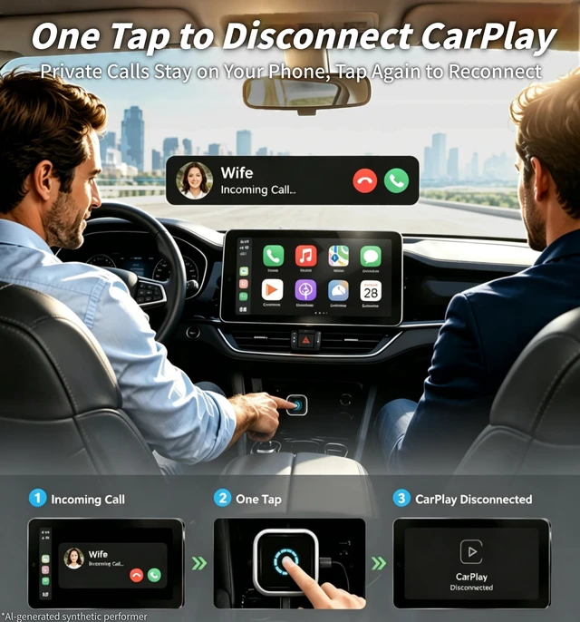 Alt view image 3 of 7 - 2026 Upgraded Wireless CarPlay Adapter with Buttons for Privacy Call & Two-Phone Fast Switch, Aluminum Cooling, Dual-Band WiFi, Mini Cable-Free, Compatible with Apple iPhone & Android Auto, Gray