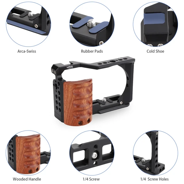 Alt view image 2 of 7 - Leftfoto Camera Metal Cage with Wood Handle for Sony ZV-E10, Arca Base | Cold Shoe, 1/4 3/8 Holes, 39mm Arca Swiss QR Base, Horizontal & Vertical Shooting, Natural Wood Grip, for Sony ZV-E10 Camera