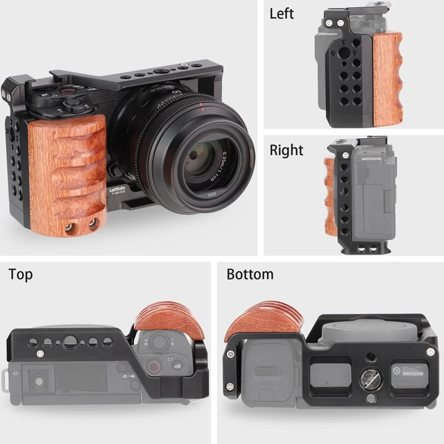 Alt view image 3 of 7 - Leftfoto Camera Metal Cage with Wood Handle for Sony ZV-E10, Arca Base | Cold Shoe, 1/4 3/8 Holes, 39mm Arca Swiss QR Base, Horizontal & Vertical Shooting, Natural Wood Grip, for Sony ZV-E10 Camera
