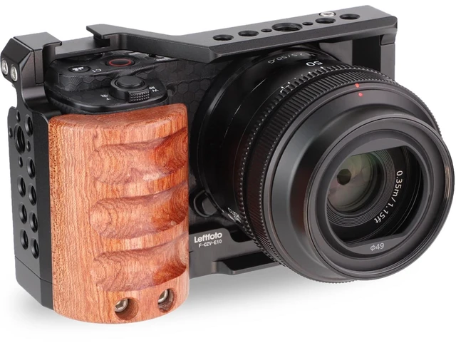 Main image of Leftfoto Camera Metal Cage with Wood Handle for Sony ZV-E10, Arca Base | Cold Shoe, 1/4 3/8 Holes, 39mm Arca Swiss QR Base, Horizontal & Vertical Shooting, Natural Wood Grip, for Sony ZV-E10 Camera