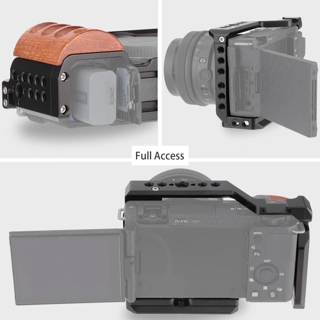 Alt view image 5 of 7 - Leftfoto Camera Metal Cage with Wood Handle for Sony ZV-E10, Arca Base | Cold Shoe, 1/4 3/8 Holes, 39mm Arca Swiss QR Base, Horizontal & Vertical Shooting, Natural Wood Grip, for Sony ZV-E10 Camera