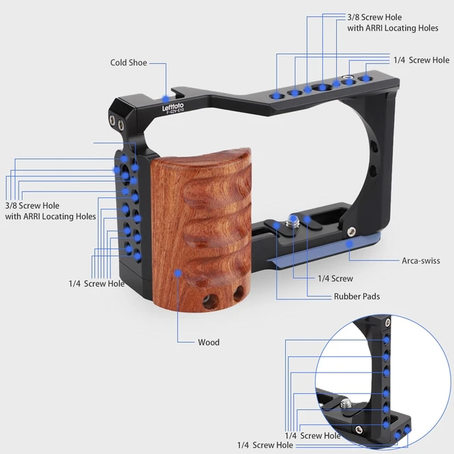 Alt view image 6 of 7 - Leftfoto Camera Metal Cage with Wood Handle for Sony ZV-E10, Arca Base | Cold Shoe, 1/4 3/8 Holes, 39mm Arca Swiss QR Base, Horizontal & Vertical Shooting, Natural Wood Grip, for Sony ZV-E10 Camera
