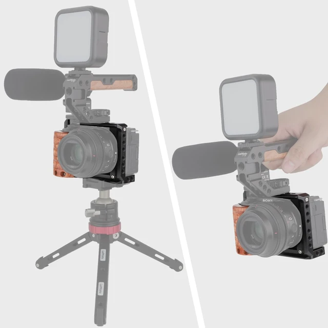 Alt view image 7 of 7 - Leftfoto Camera Metal Cage with Wood Handle for Sony ZV-E10, Arca Base | Cold Shoe, 1/4 3/8 Holes, 39mm Arca Swiss QR Base, Horizontal & Vertical Shooting, Natural Wood Grip, for Sony ZV-E10 Camera