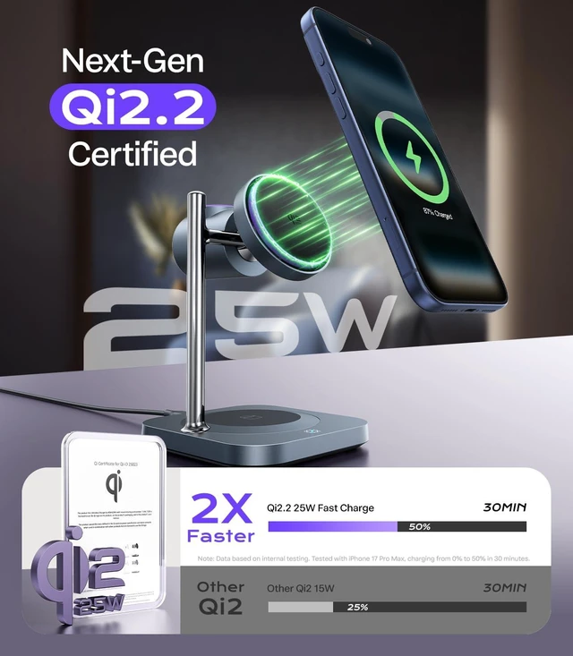 Alt view image 2 of 7 - Meifigno Qi2.2 Certified 25W 3-in-1 Fast Wireless Charging Station with Fan | Charger Design for MagSafe, Apple Watch Charger Stand, for iPhone 17 16 Series, AirPods, iWatch, Included PD45W Adapter