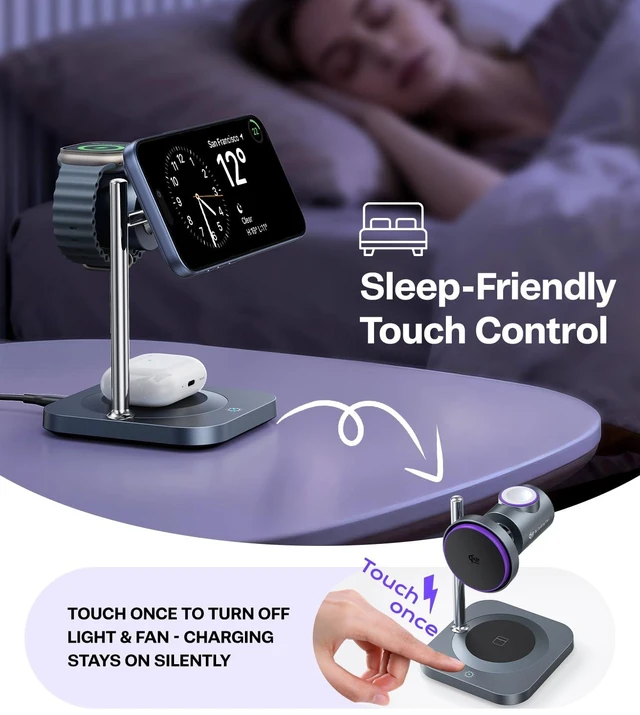 Alt view image 6 of 7 - Meifigno Qi2.2 Certified 25W 3-in-1 Fast Wireless Charging Station with Fan | Charger Design for MagSafe, Apple Watch Charger Stand, for iPhone 17 16 Series, AirPods, iWatch, Included PD45W Adapter