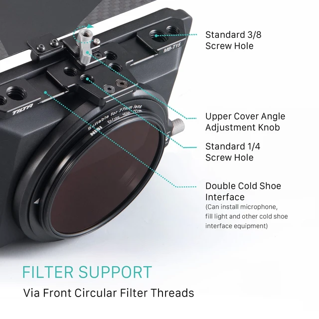 Alt view image 2 of 7 - Tilta Mini Matte Box | 15mm Rod Adapter & 4 Lens Adapters | Lightweight | Filter Support | Top Flag | Dual Cold Shoe Mount | Designed for Mirrorless, DSLR | MB-T15