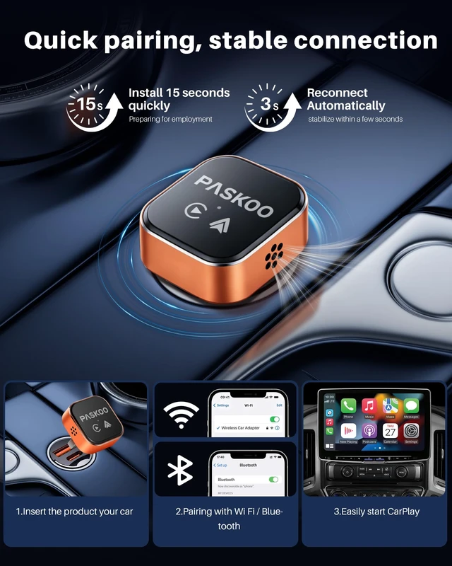 Alt view image 4 of 7 - PASKOO Wireless CarPlay Adapter for Apple iPhone & Android Phones | Ultra Mini bluetooth Dongle, Converts Wired to Wireless WiFi 6 & Bluetooth 5.4,Zero Latency, Plug & Play for 2016+ Vehicles