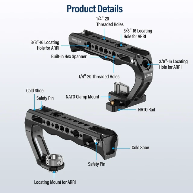 Alt view image 2 of 7 - SIRUI Top Handle with Locating Mount for ARRI and NATO Mount, All-Aluminium Camera Cage Handle Grip with Cold Shoe with Safety Pin, Multiple Threaded Holes, AM-MTHA, Pack of 1