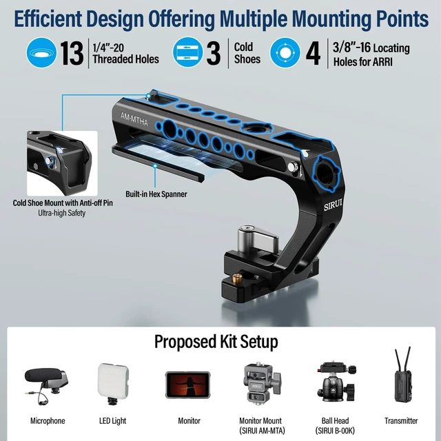 Alt view image 6 of 7 - SIRUI Top Handle with Locating Mount for ARRI and NATO Mount, All-Aluminium Camera Cage Handle Grip with Cold Shoe with Safety Pin, Multiple Threaded Holes, AM-MTHA, Pack of 1