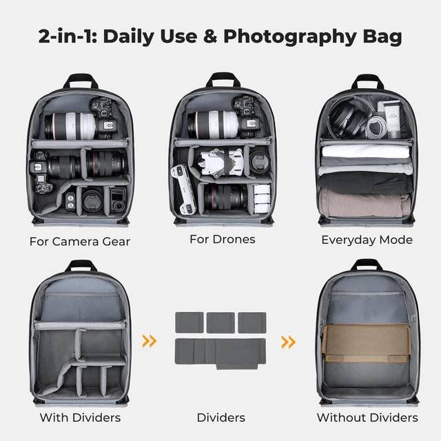 Alt view image 2 of 7 - K&F CONCEPT Ultra Lightweight Camera Backpack, Camera Bag with Rain Cover | 2 Cameras+3-5 Lenses, 15.8in Laptop Compartment, with Rain Cover & Tripod Strap, Quick Access, for Canon/Sony/Nikon, B23