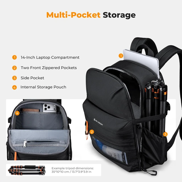 Alt view image 4 of 7 - K&F CONCEPT Ultra Lightweight Camera Backpack, Camera Bag with Rain Cover | 2 Cameras+3-5 Lenses, 15.8in Laptop Compartment, with Rain Cover & Tripod Strap, Quick Access, for Canon/Sony/Nikon, B23