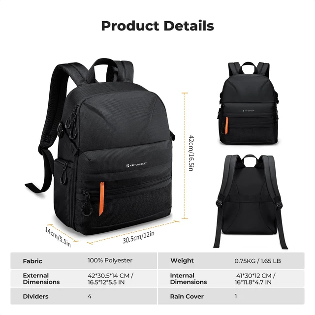 Alt view image 7 of 7 - K&F CONCEPT Ultra Lightweight Camera Backpack, Camera Bag with Rain Cover | 2 Cameras+3-5 Lenses, 15.8in Laptop Compartment, with Rain Cover & Tripod Strap, Quick Access, for Canon/Sony/Nikon, B23