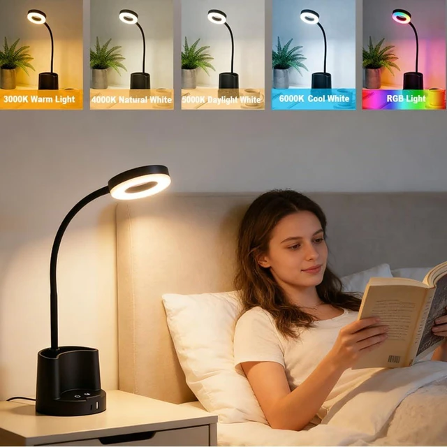 Alt view image 3 of 7 - HomeFocus Desk Lamp,RGB LED Desk Lamp,Table Lamp,Eye-Caring Reading Light & Night Light for Home Office,Black