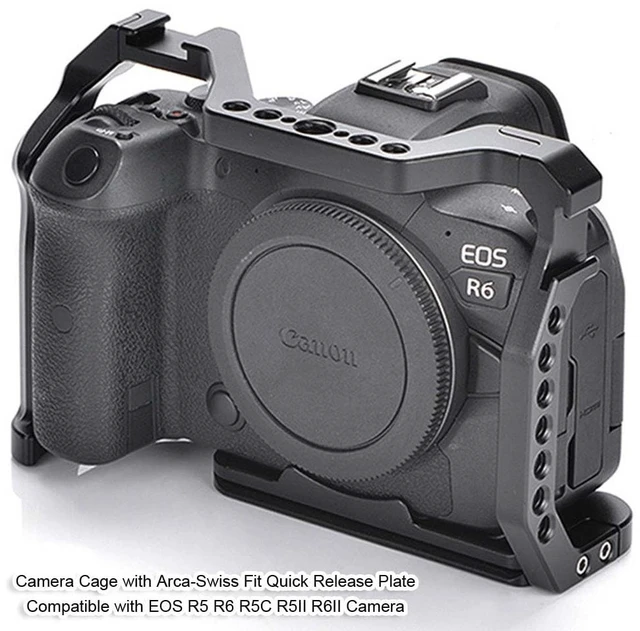 Alt view image 6 of 7 - Camera Cage Compatible with Canon EOS R5 R6 R5C R5II R6II, with Arca-Swiss Fit Quick Release Plate, Aluminum Alloy DSLR Rig Stabilizer with Cold Shoe, 1/4" & 3/8" Holes for Filmmaking, Video Shooting