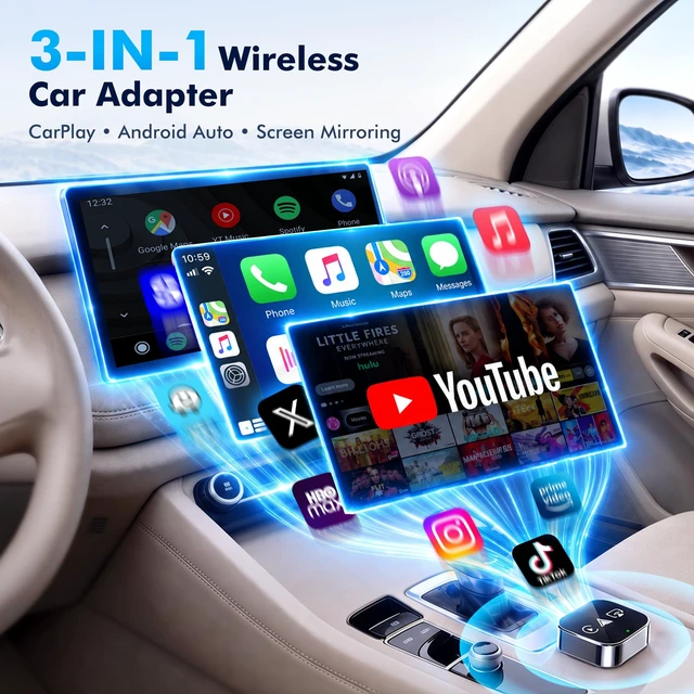Alt view image 2 of 7 - WATSABRO 2026 3-in-1 Wireless CarPlay Adapter, Android Auto & AirPlay | Plug and Play, Screen Mirroring, Auto-Reconnect, Dual USB-A/Type-C, AirPlay When Parked, for Wired CarPlay, FCC, OTA