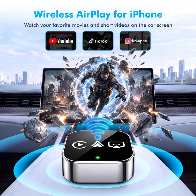 Alt view image 3 of 7 - WATSABRO 2026 3-in-1 Wireless CarPlay Adapter, Android Auto & AirPlay | Plug and Play, Screen Mirroring, Auto-Reconnect, Dual USB-A/Type-C, AirPlay When Parked, for Wired CarPlay, FCC, OTA