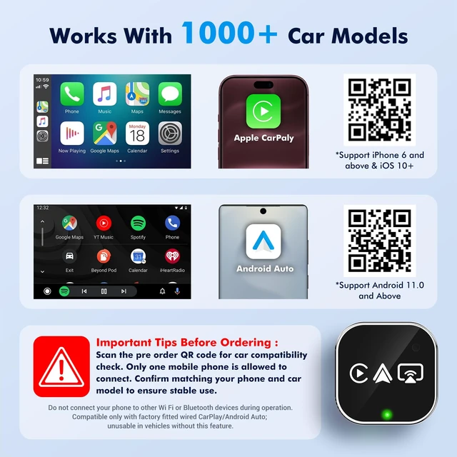 Alt view image 4 of 7 - WATSABRO 2026 3-in-1 Wireless CarPlay Adapter, Android Auto & AirPlay | Plug and Play, Screen Mirroring, Auto-Reconnect, Dual USB-A/Type-C, AirPlay When Parked, for Wired CarPlay, FCC, OTA