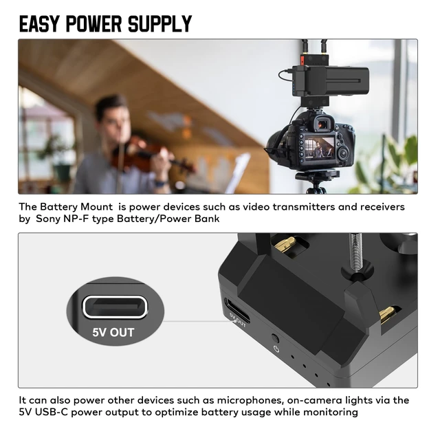 Alt view image 5 of 5 - Vrriis Adjustable Battery Mounting Bracket for Wireless HDMI Transmitter and Receiver, Adapter Plate Compatible With NP-F Battery, Type-C USB-A Output With 1/4" Mount