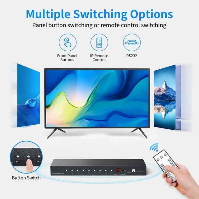 Alt view image 4 of 7 - 4K 60Hz HDMI Switch 8 Port with5ft HDMI Cable, Yinker 4K HDMI Switch 8 in 1 Out with IR Remote + Rack Mount Ears + RS232, Supports HDCP2.2 Auto Scan