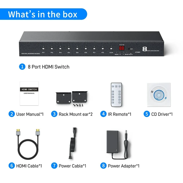 Alt view image 7 of 7 - 4K 60Hz HDMI Switch 8 Port with5ft HDMI Cable, Yinker 4K HDMI Switch 8 in 1 Out with IR Remote + Rack Mount Ears + RS232, Supports HDCP2.2 Auto Scan