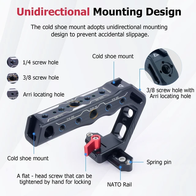 Alt view image 6 of 7 - Mechrig Top Handle with Slider & NATO Rail for Camera Cage - Lightweight Aluminum Grip with 1/4", 3/8" Threads, Cold Shoe Mount, and Arri Locating Pin for DSLR Cameras (62024)