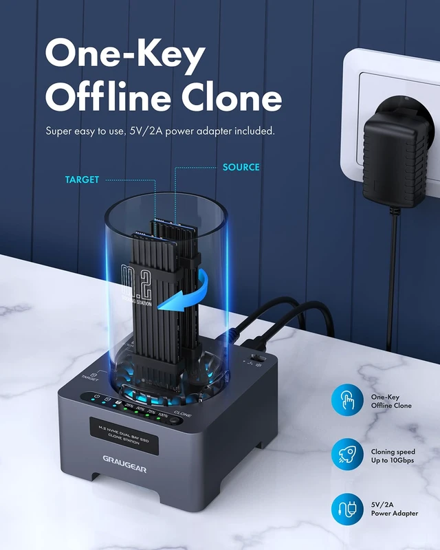 Alt view image 2 of 7 - GRAUGEAR NVMe M.2 SSD Duplicator Dual-Bay Offline Clone Tool-Free, 20Gbps USB C to M.2 SSD Drive Cloner Docking Station Adapter Enclosure for M2 SSD Hard Drives M-Key