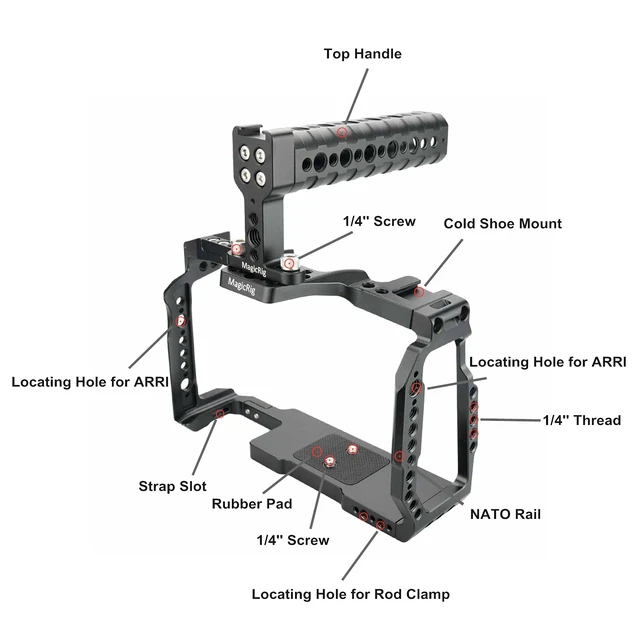 Alt view image 2 of 6 - MAGICRIG Camera Cage for Blackmagic Design Pocket Cinema Camera 6K Pro / G2 | BMPCC 6K Pro/G2 Cage | with Top Handle | Built-in Cold Shoe, NATO Rail | Camera Cage Accessories | Detacbable