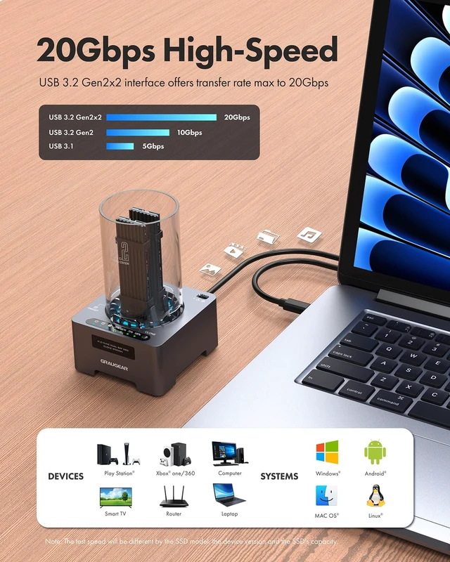 Alt view image 4 of 7 - GRAUGEAR NVMe M.2 SSD Duplicator Dual-Bay Offline Clone Tool-Free, 20Gbps USB C to M.2 SSD Drive Cloner Docking Station Adapter Enclosure for M2 SSD Hard Drives M-Key