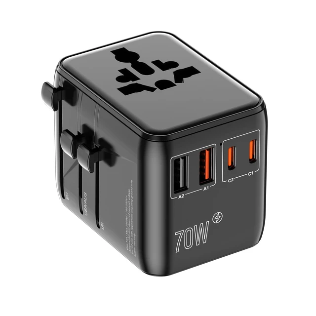 Main image of GaN 70W International Travel Adapter 6-in-1 for US/JP, EU, UK, AU | 2 USB-C (PD 70W), 2 USB-A, Extra US AC Outlet, Fast Charging Worldwide Plug, Universal Power Hub, 2 Anti Theft Zipper Clips
