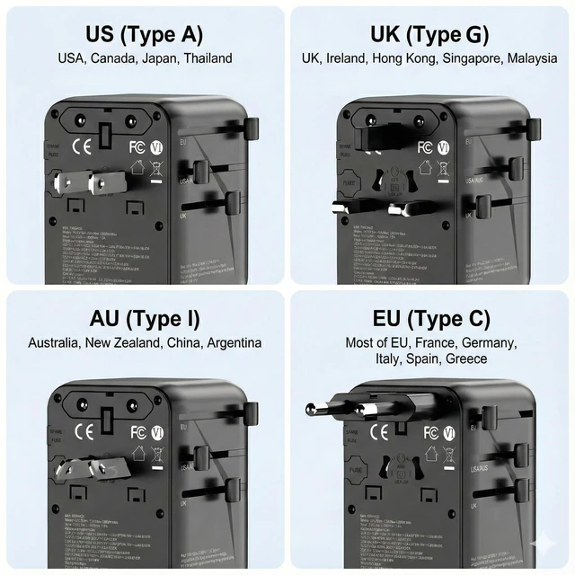 Alt view image 3 of 7 - GaN 70W International Travel Adapter 6-in-1 for US/JP, EU, UK, AU | 2 USB-C (PD 70W), 2 USB-A, Extra US AC Outlet, Fast Charging Worldwide Plug, Universal Power Hub, 2 Anti Theft Zipper Clips
