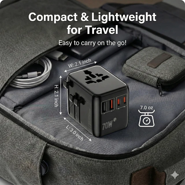 Alt view image 6 of 7 - GaN 70W International Travel Adapter 6-in-1 for US/JP, EU, UK, AU | 2 USB-C (PD 70W), 2 USB-A, Extra US AC Outlet, Fast Charging Worldwide Plug, Universal Power Hub, 2 Anti Theft Zipper Clips