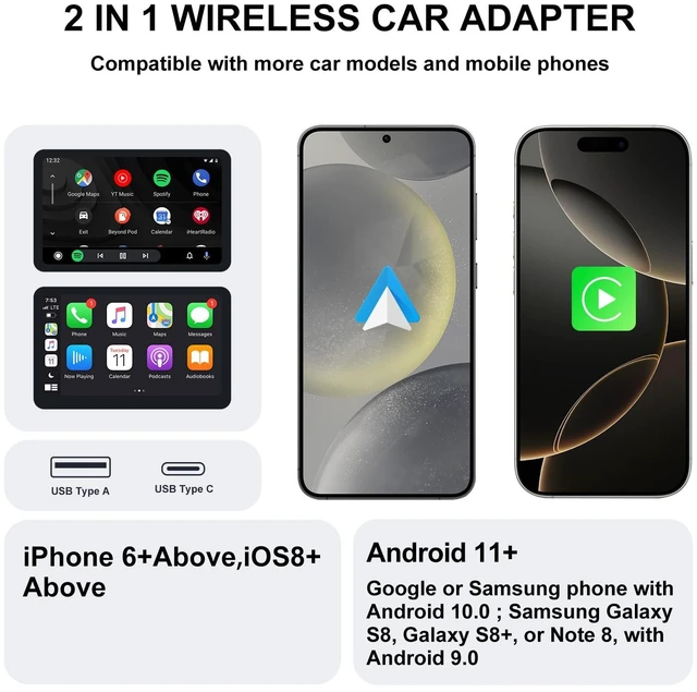 Alt view image 6 of 6 - Wireless CarPlay & Android Auto Adapter 2-in-1 Plug & Play Solution, Converts Wired Systems to Wireless, Compatible with iPhone & Android