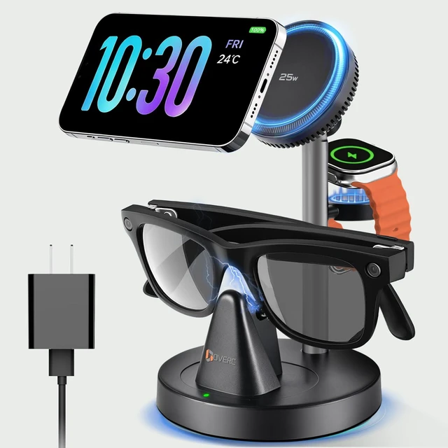 Main image of 3in1 Wireless Charging Station for Ray-Ban Meta Smart Glasses Gen 1 2 3, Mag-Safe Charger Stand, Compatible with Apple Watch & iPhone 12-18, Wayfarer/Skyler/Headliner/Oakley Meta HSTN, w/45W Adapter
